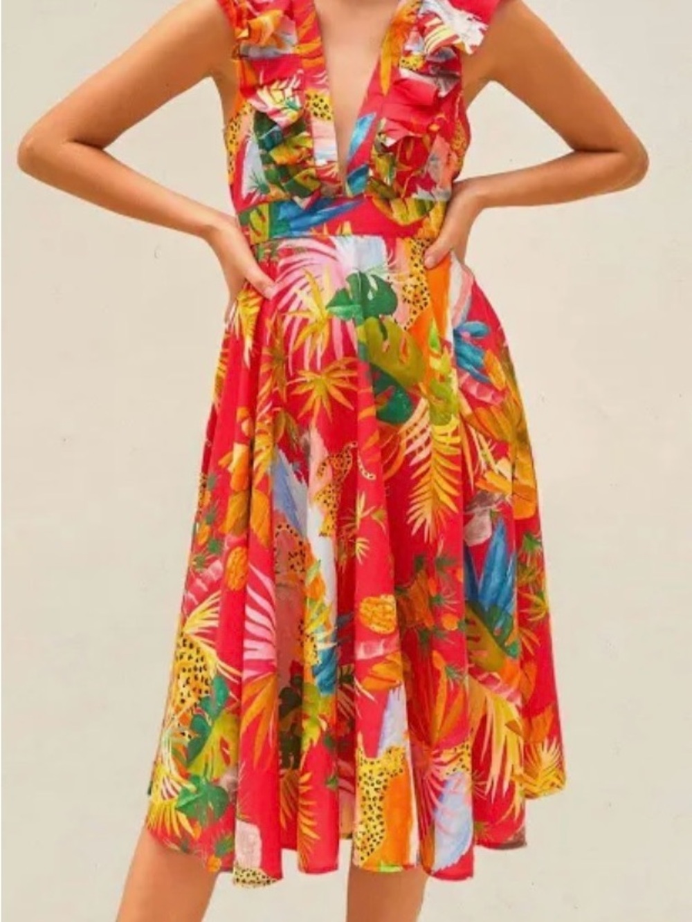 NWT Farm Rio Women’s Tropical Jungle Ruffle V-Neck Dress